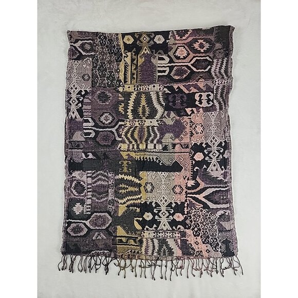 Wilfred Tribal Pattern Wool Blend Scarf Shawl Wrap Boho Fringe Black & Tan Warm - Picture 5 of 7
